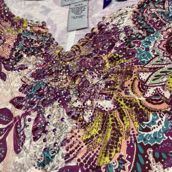 Catherines Floral Paisley Tunic Top Size 1XWP Petite 1X Beige Purple Embellished - Picture 6 of 10
